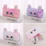 Rainbow gradient plush cat pencil case with soft faux fur for school and office