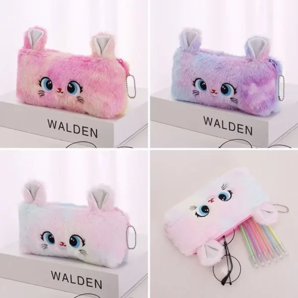 Rainbow gradient plush cat pencil case with soft faux fur for school and office