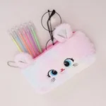 Overall fluffy material and soft plush exterior of rainbow cat pencil case