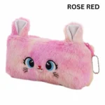 Soft rainbow plush cat pencil case in rose red color for girls stationery
