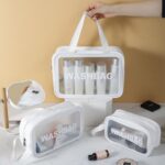 White clear waterproof cosmetic organizer bag with clean aesthetic design