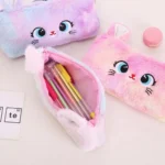 Spacious interior compartment inside soft plush cat pencil pouch holding pens and pencils