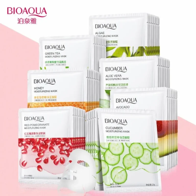 Complete Bioaqua facial sheet mask skincare collection set with natural fruit extracts