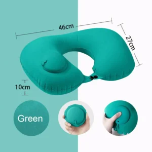 Green color variant of press type inflatable U-shaped travel neck pillow