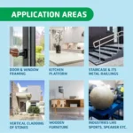 Infographic showing application areas for Araldite epoxy on metal wood ceramic and glass