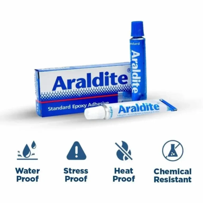 Araldite standard epoxy adhesive waterproof heatproof and chemical resistant properties infographic