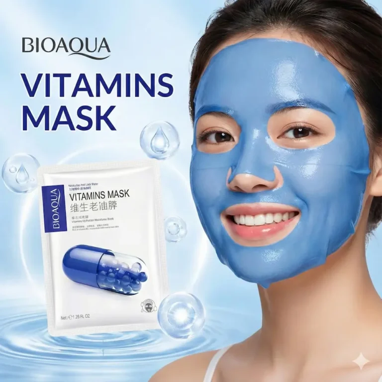 Model applying BIOAQUA vitamin facial sheet mask for skincare routine