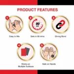 Key technical features of Pidilite M-Seal epoxy compound showing waterproof and heat resistance