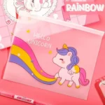 Transparent unicorn zipper pouch featuring pastel rainbow print