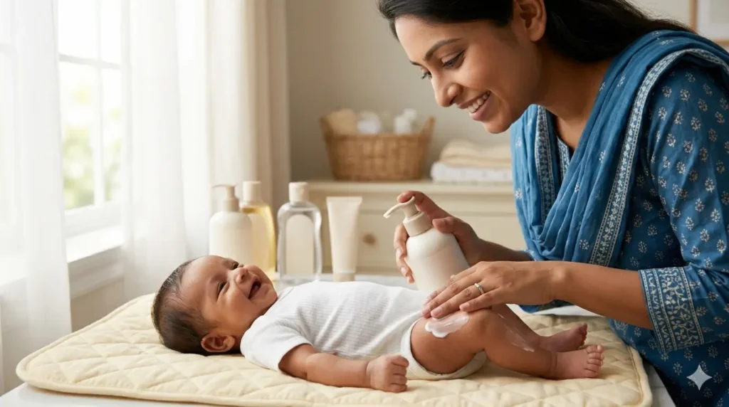 বাংলাদেশে নবজাতকের জন্য সেরা Baby Care Products — নতুন মা-বাবার সম্পূর্ণ গাইড A Bangladeshi mother gently applying baby lotion to her newborn's soft skin in a warm, well-lit bedroom