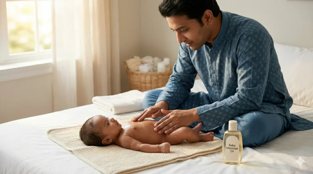 বাংলাদেশে নবজাতকের জন্য সেরা Baby Care Products — নতুন মা-বাবার সম্পূর্ণ গাইড A Bangladeshi father gently massaging a newborn with safe baby oil on a clean soft mat, natural daylight
