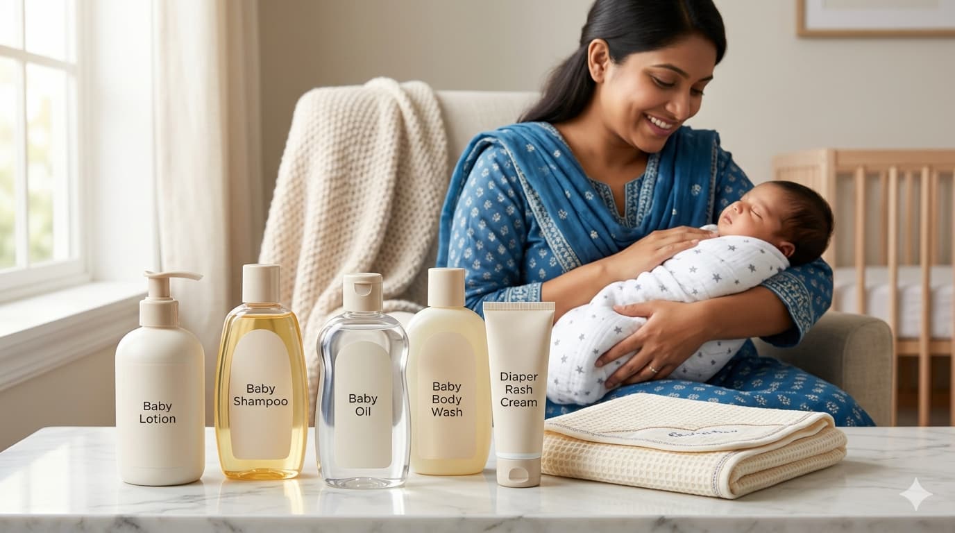 বাংলাদেশে নবজাতকের জন্য সেরা Baby Care Products — নতুন মা-বাবার সম্পূর্ণ গাইড A complete set of safe baby care products for newborns displayed on a clean white surface, including baby lotion, shampoo, oil, and body wash, with a smiling Bangladeshi mother holding her newborn