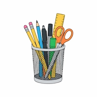 Stationery items category icon illustration with pen holder, pencils, ruler, and scissors