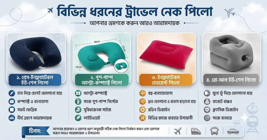 How to Choose the Best Travel Neck Pillow: আরামদায়ক ভ্রমণের সহজ গাইড বিভিন্ন ধরনের ট্রাভেল নেক পিলোর মধ্যে তুলনা - মেমরি ফোম, ইনফ্লেটেবল এবং ব্লো-আপ পিলো