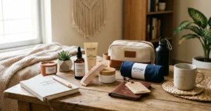 A curated collection of Ritzyee lifestyle products including skincare items, travel accessories, and home decor arranged on a wooden table.
