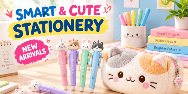 Smart & Cute Stationery promotional banner displaying animal-themed eraser pens and a plush cat pencil pouch