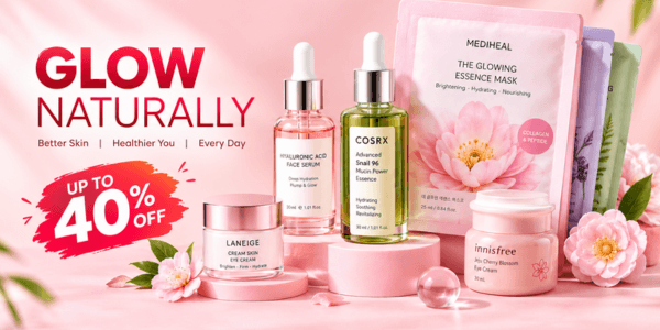 Glow Naturally skincare sale banner featuring facial serums, eye creams, and hydrating sheet masks