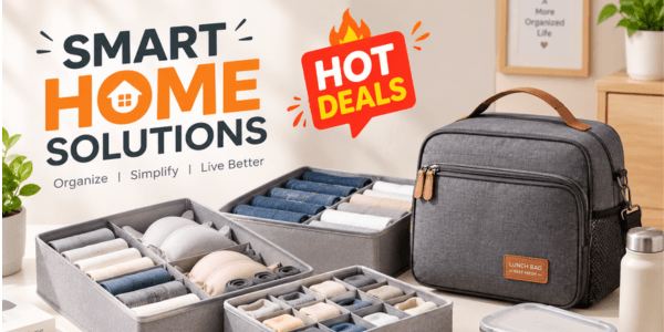 Smart Home Solutions promotional banner showing fabric drawer organizers, an insulated lunch bag, and a glass meal container